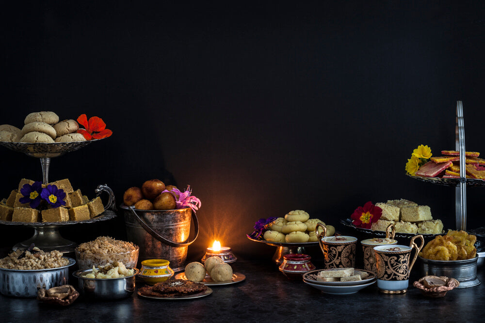 Gujarati sweets (mithai) including nan khatai, barfi, ladoo and kaju katli