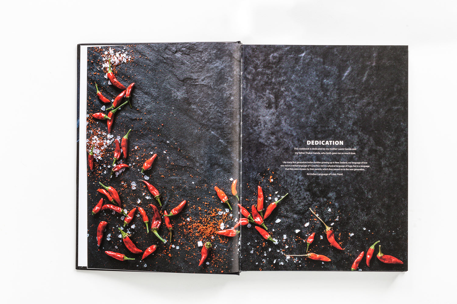 Cookbook dedication page to Laxmi and Thakor Ganda
