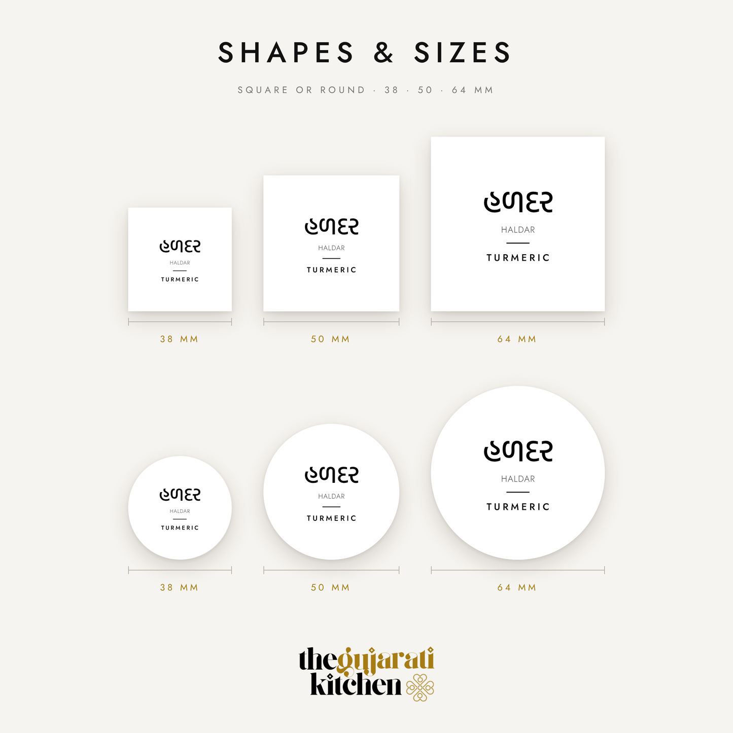 Pantry label shapes and sizes: square or round in 38, 50 and 64 mm