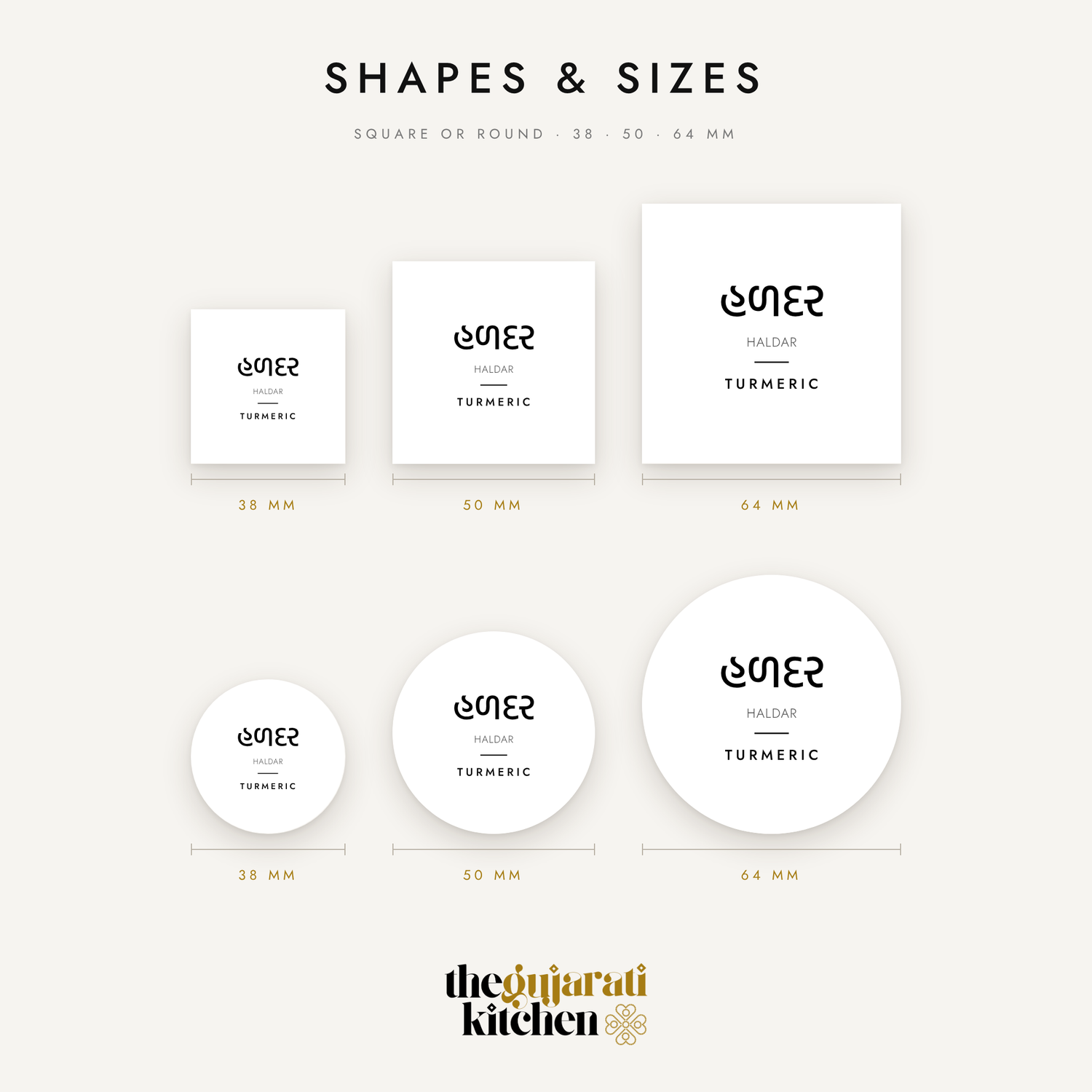 Pantry label shapes and sizes: square or round in 38, 50 and 64 mm