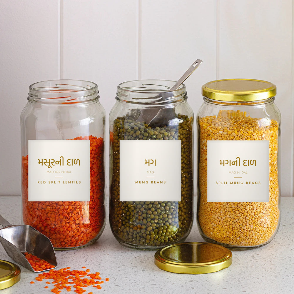 Gujarati and English pantry labels on lentil jars