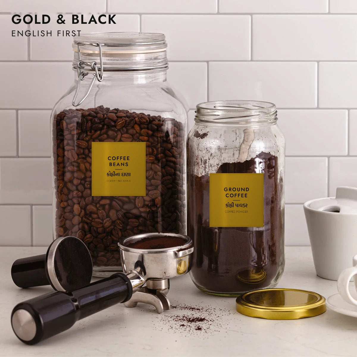 Square gold and black pantry labels on jars, English first