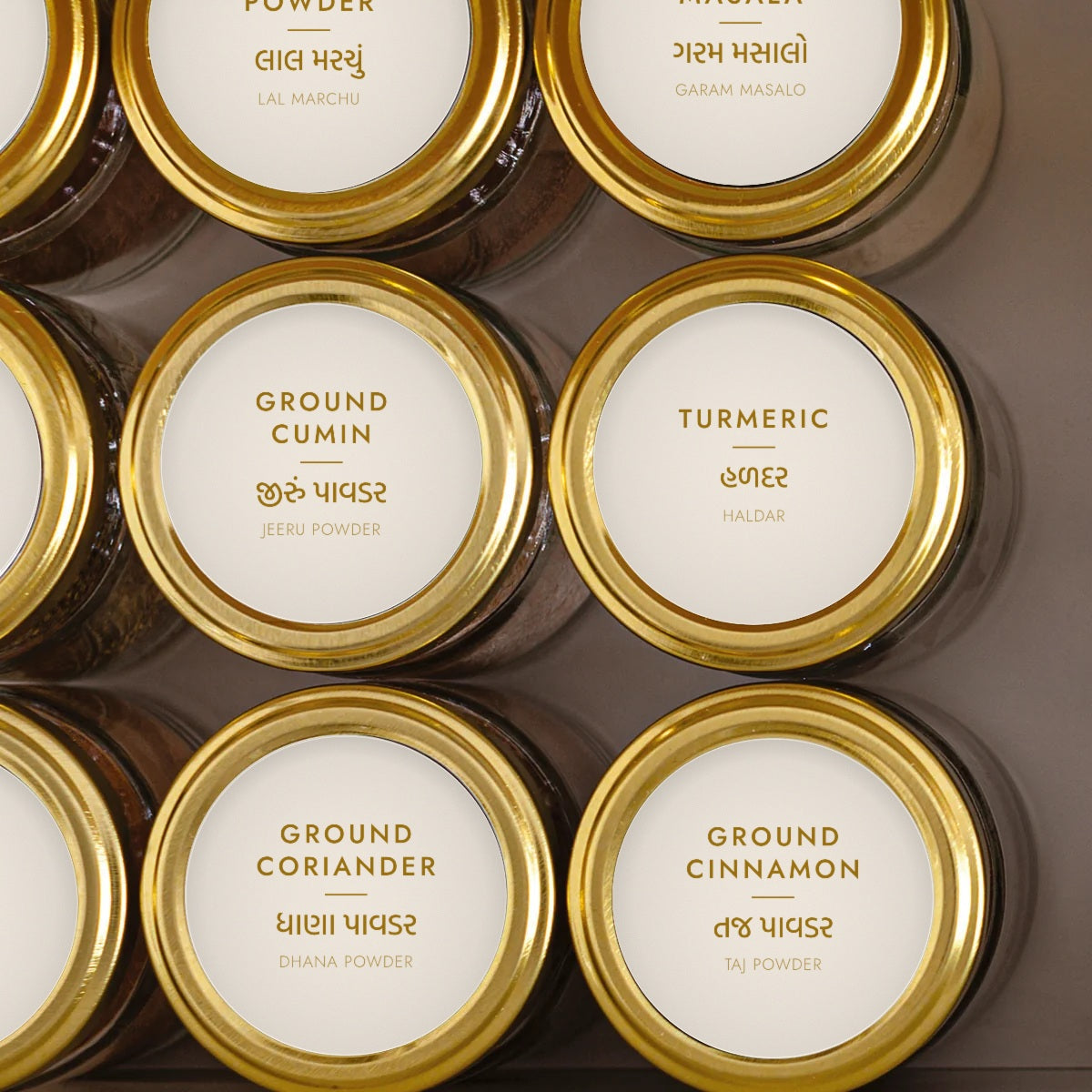 Round white and gold pantry labels on jars, English first