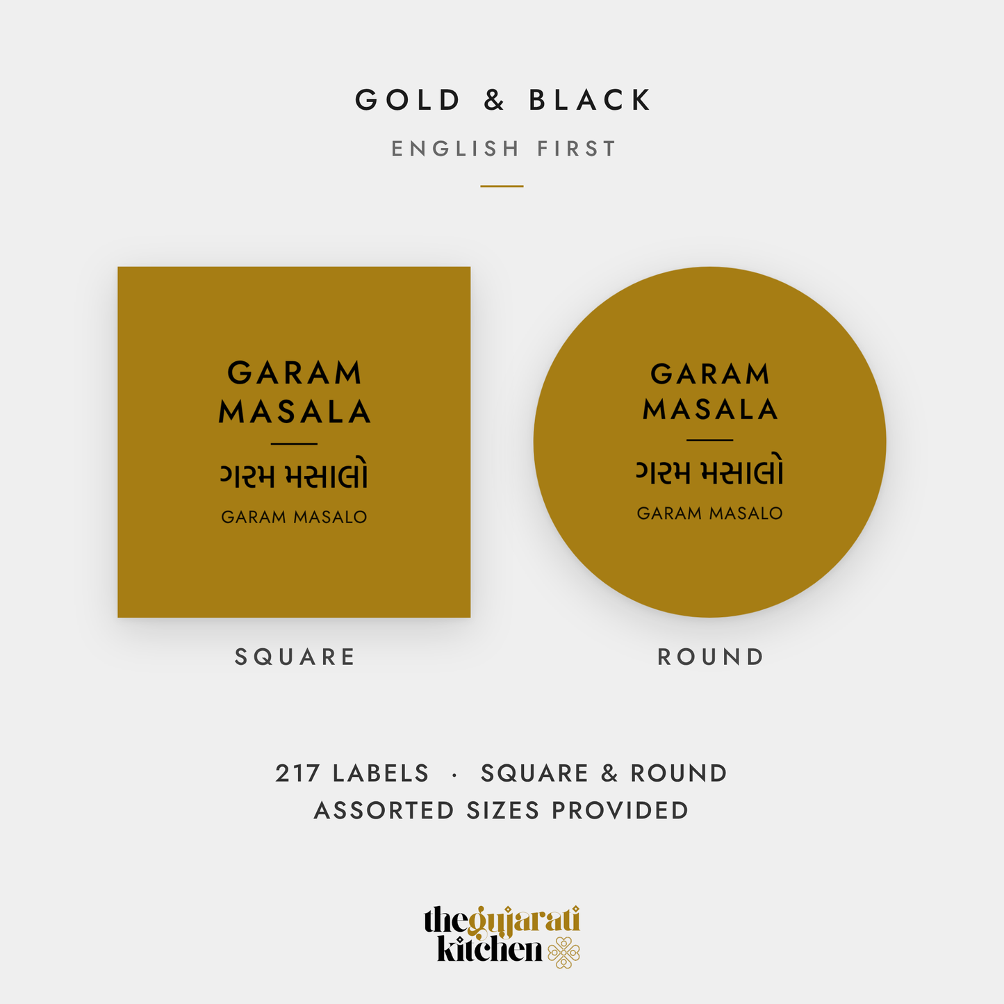Gold and black pantry labels, English first