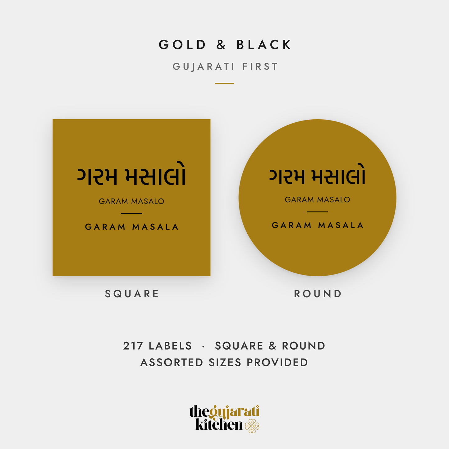 Gold and black pantry labels, Gujarati first