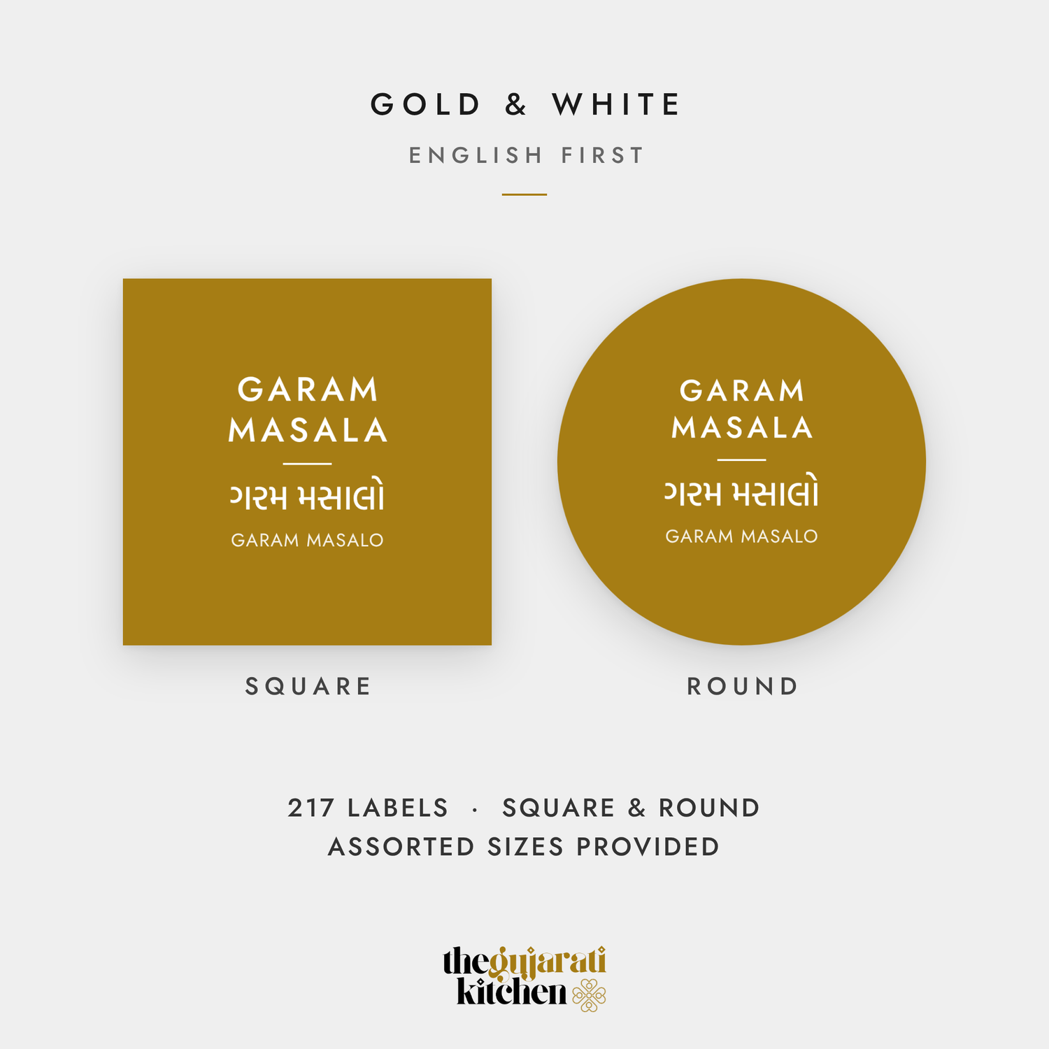 Gold and white pantry labels, English first