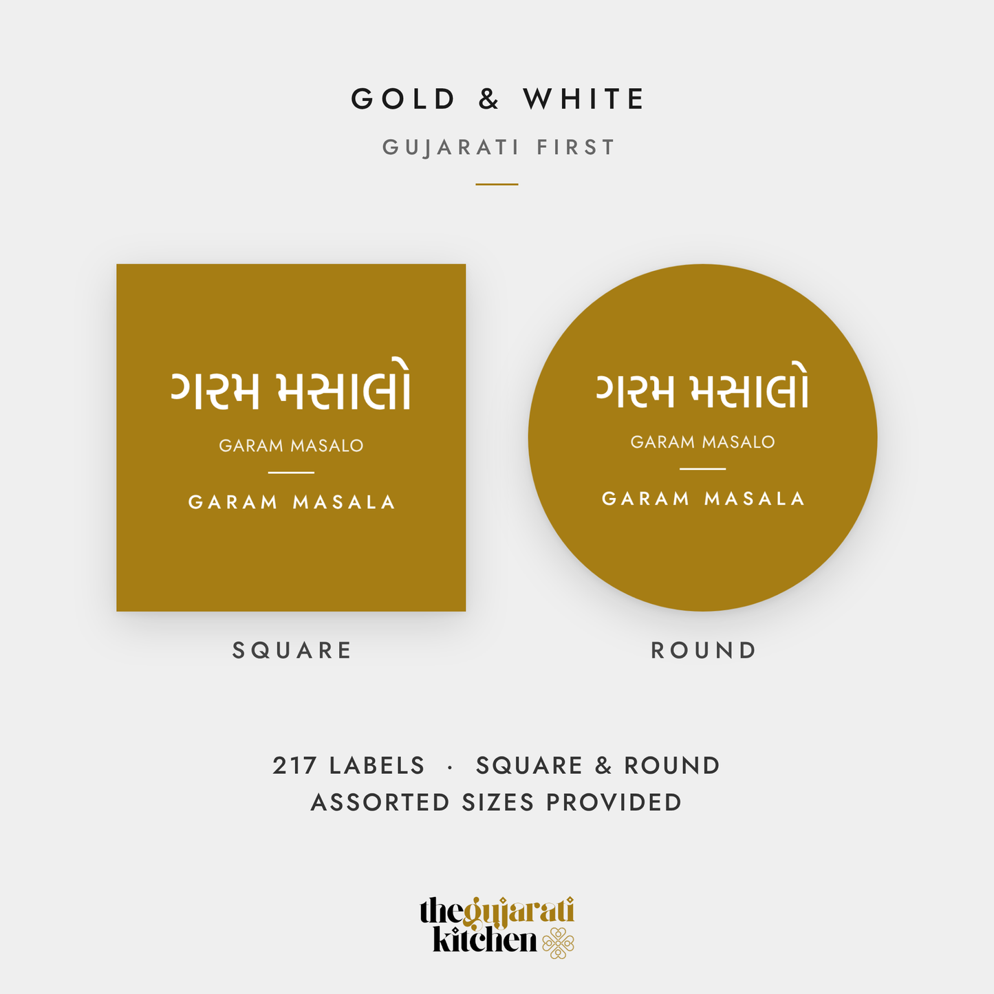 Gold and white pantry labels, Gujarati first